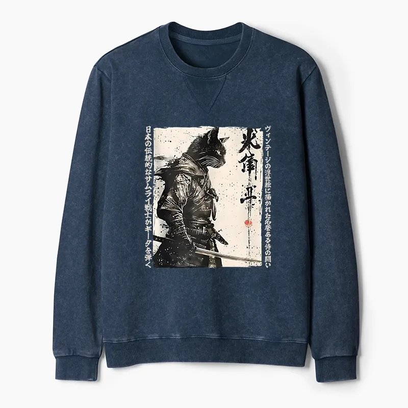 Tokyo-Tiger Cat Samurai Retro Washed Terry Sweatshirt