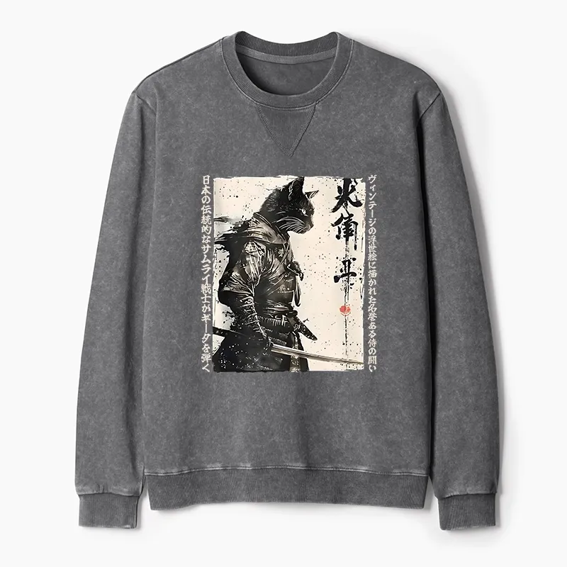 Tokyo-Tiger Cat Samurai Retro Washed Terry Sweatshirt