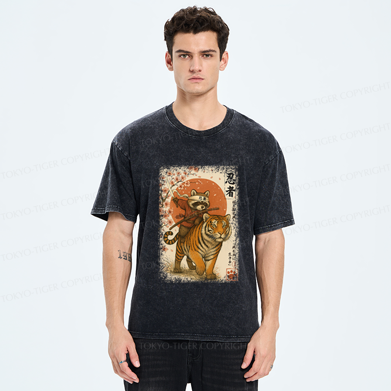 Tokyo-Tiger Ukiyoe Raccoon Samurai Riding a Tiger Washed T-Shirt