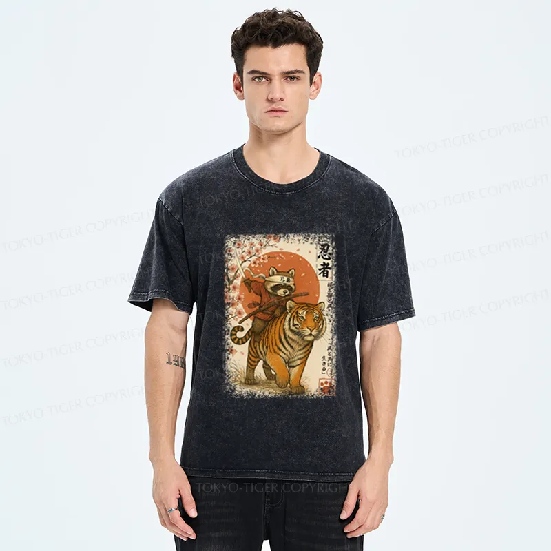 Tokyo-Tiger Ukiyoe Raccoon Samurai Riding a Tiger Washed T-Shirt