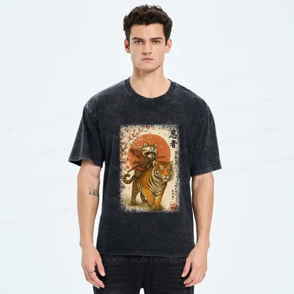 Tokyo-Tiger Ukiyoe Raccoon Samurai Riding a Tiger Washed T-Shirt