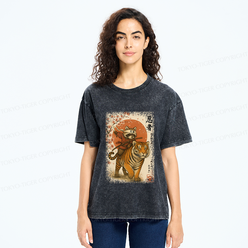 Tokyo-Tiger Ukiyoe Raccoon Samurai Riding a Tiger Washed T-Shirt