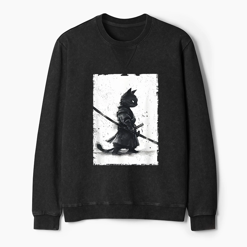 Tokyo-Tiger Retro Cat Samurai Japanese Washed Terry Sweatshirt