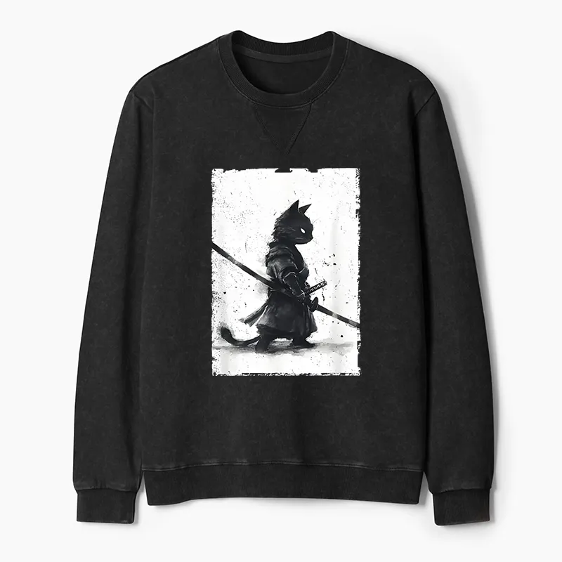 Tokyo-Tiger Retro Cat Samurai Japanese Washed Terry Sweatshirt
