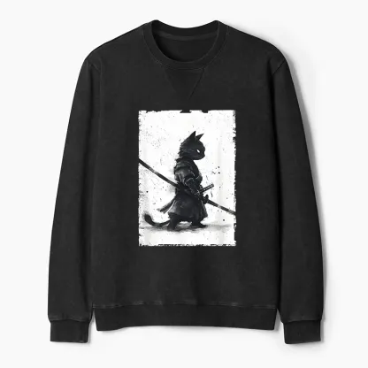 Tokyo-Tiger Retro Cat Samurai Japanese Washed Terry Sweatshirt