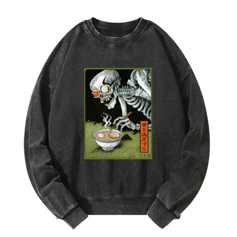 Tokyo-Tiger Ukiyo-e Skeleton Eating Ramen Washed Sweatshirt