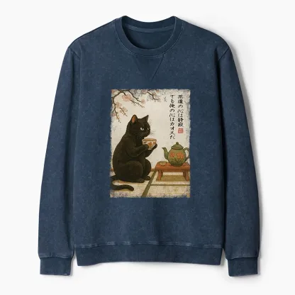 Tokyo-Tiger Tea Time With A Black Cat Washed Terry Sweatshirt