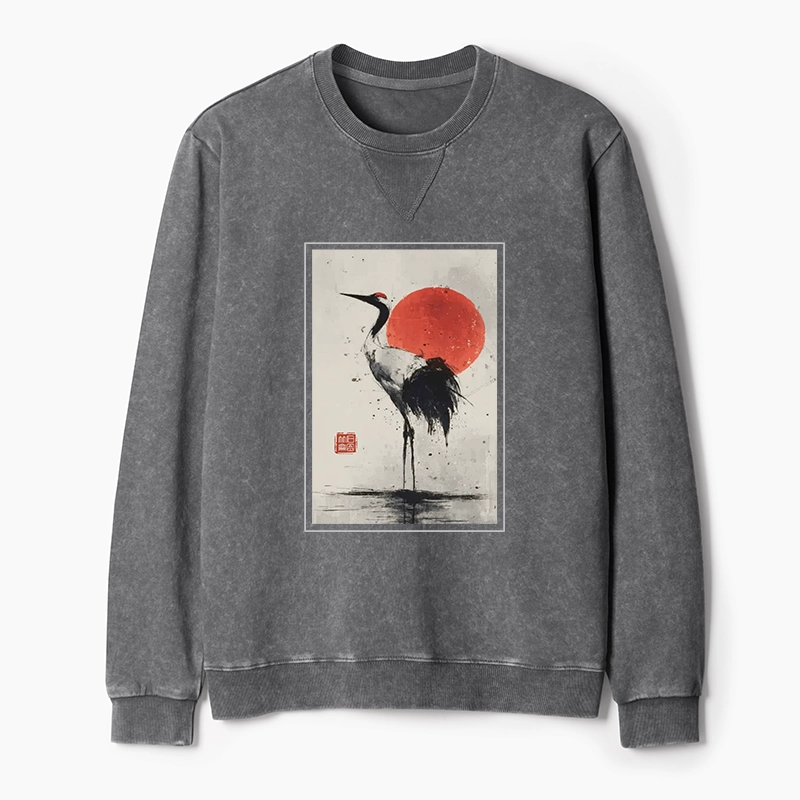 Tokyo-Tiger Retro Japanese Red-crowned Crane Washed Terry Sweatshirt