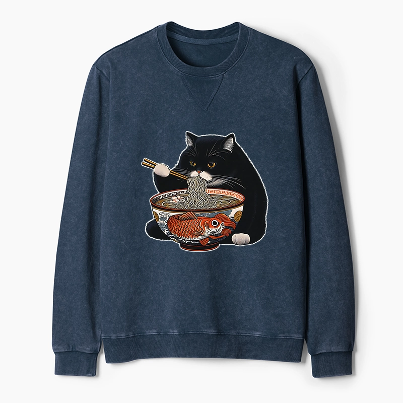 Tokyo-Tiger Fat Cat Eating Ramen Washed Terry Sweatshirt