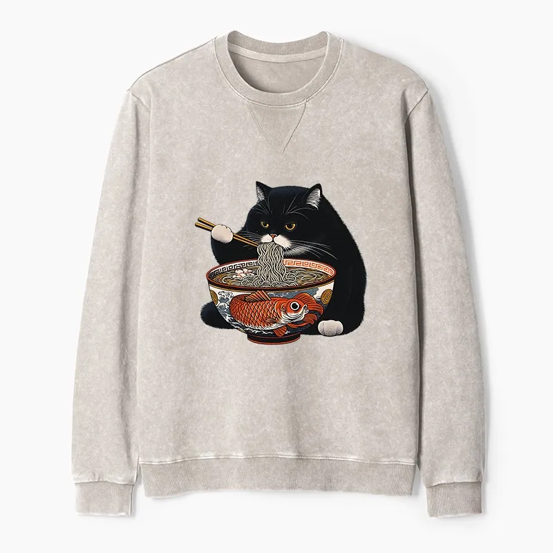 Tokyo-Tiger Fat Cat Eating Ramen Washed Terry Sweatshirt