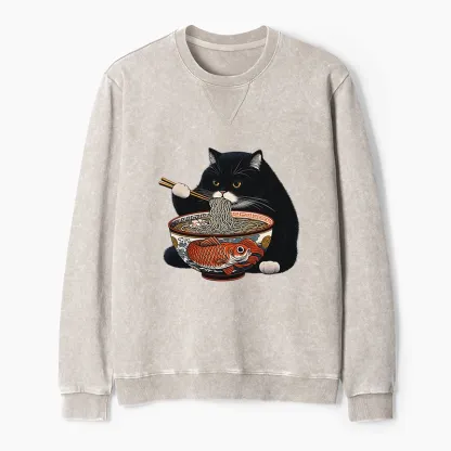Tokyo-Tiger Fat Cat Eating Ramen Washed Terry Sweatshirt