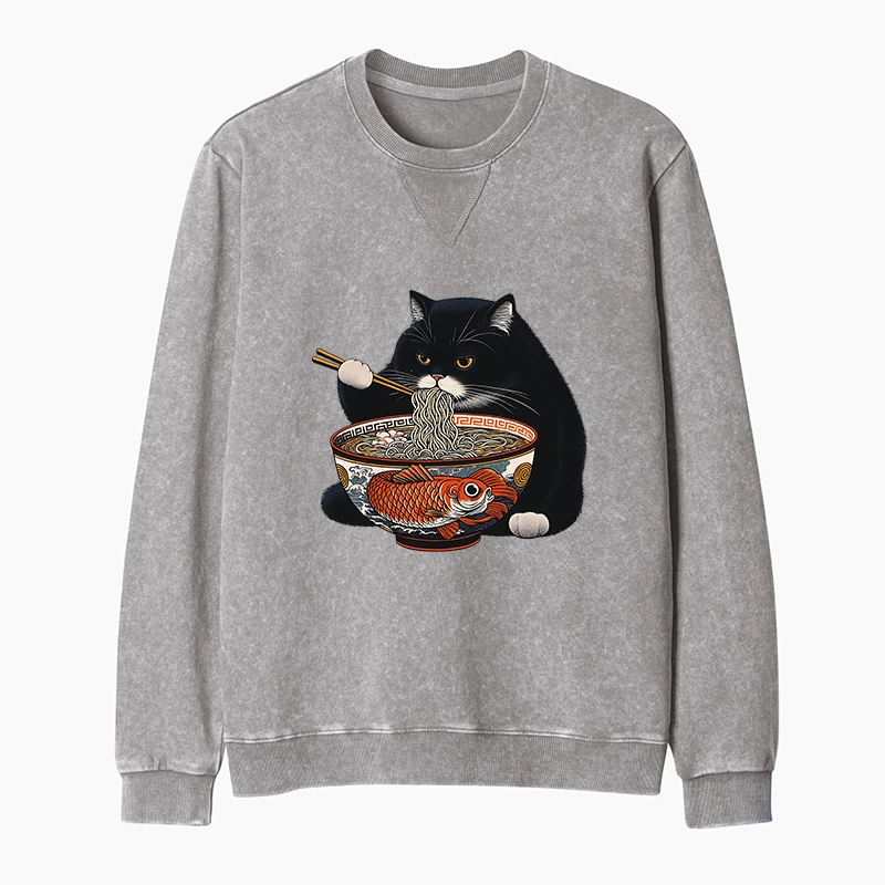 Tokyo-Tiger Fat Cat Eating Ramen Washed Terry Sweatshirt