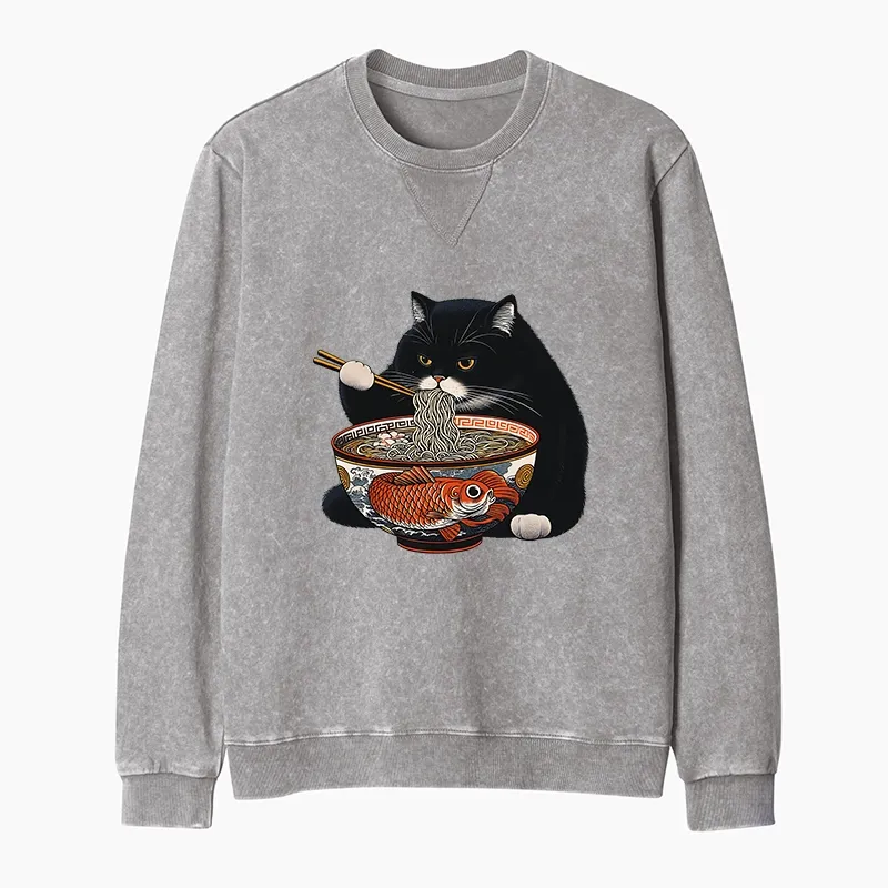 Tokyo-Tiger Fat Cat Eating Ramen Washed Terry Sweatshirt