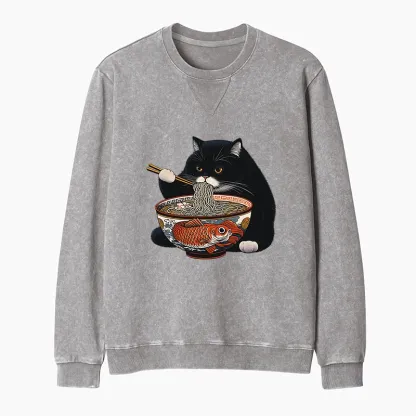 Tokyo-Tiger Fat Cat Eating Ramen Washed Terry Sweatshirt