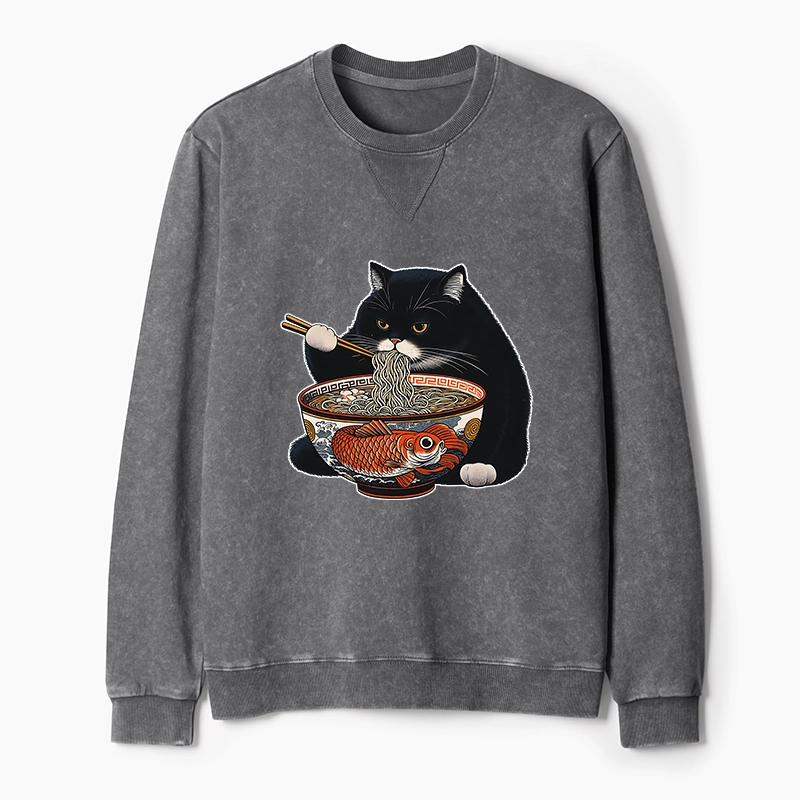 Tokyo-Tiger Fat Cat Eating Ramen Washed Terry Sweatshirt
