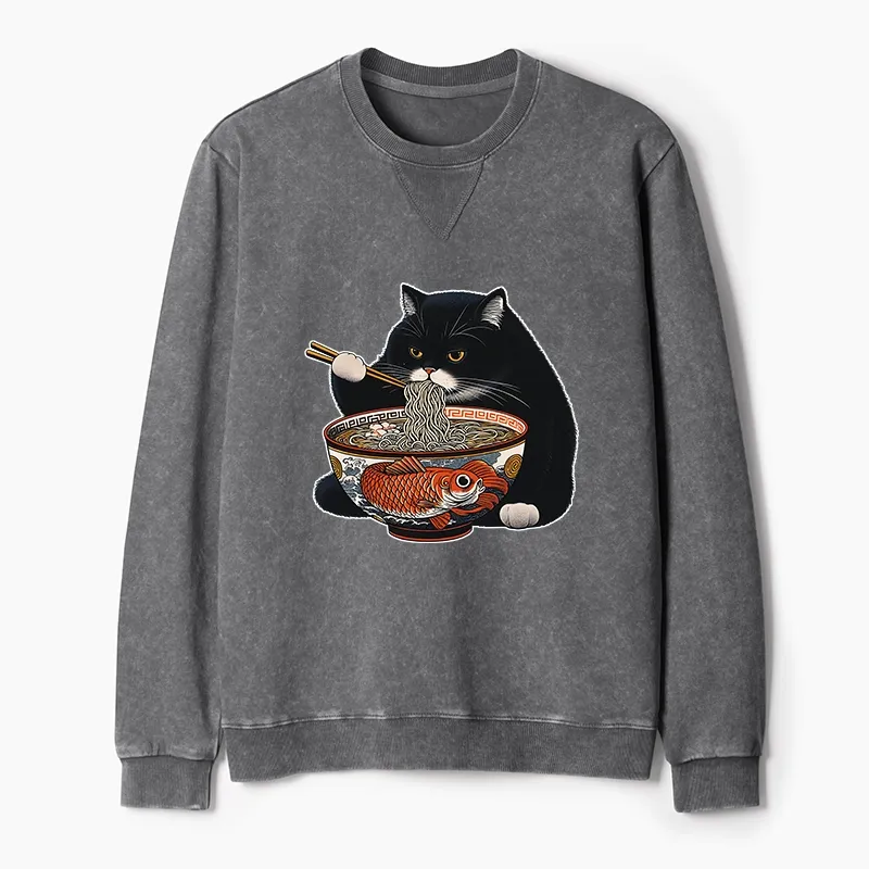 Tokyo-Tiger Fat Cat Eating Ramen Washed Terry Sweatshirt