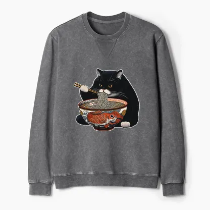 Tokyo-Tiger Fat Cat Eating Ramen Washed Terry Sweatshirt