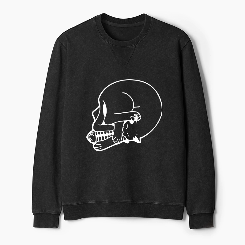 Tokyo-Tiger Funny Cat Eating Fish Washed Terry Sweatshirt