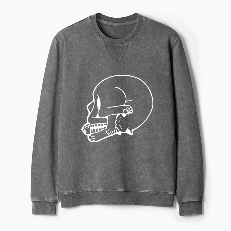 Tokyo-Tiger Funny Cat Eating Fish Washed Terry Sweatshirt