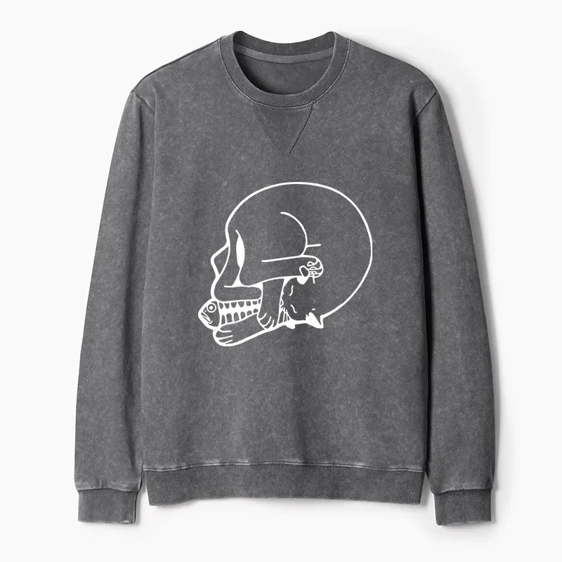 Tokyo-Tiger Funny Cat Eating Fish Washed Terry Sweatshirt