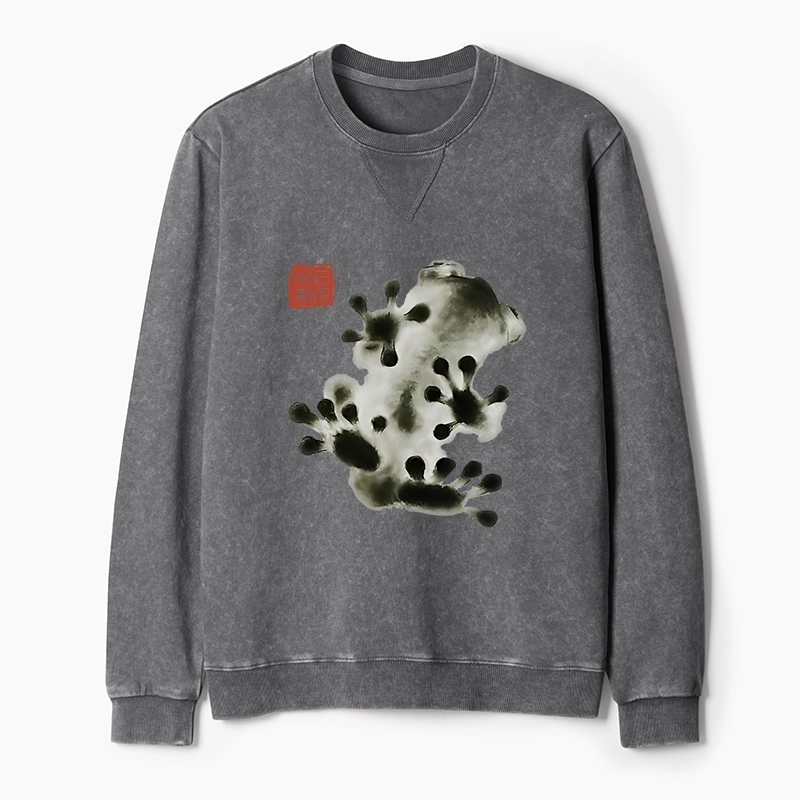 Tokyo-Tiger Ink Painting Frog Washed Terry Sweatshirt