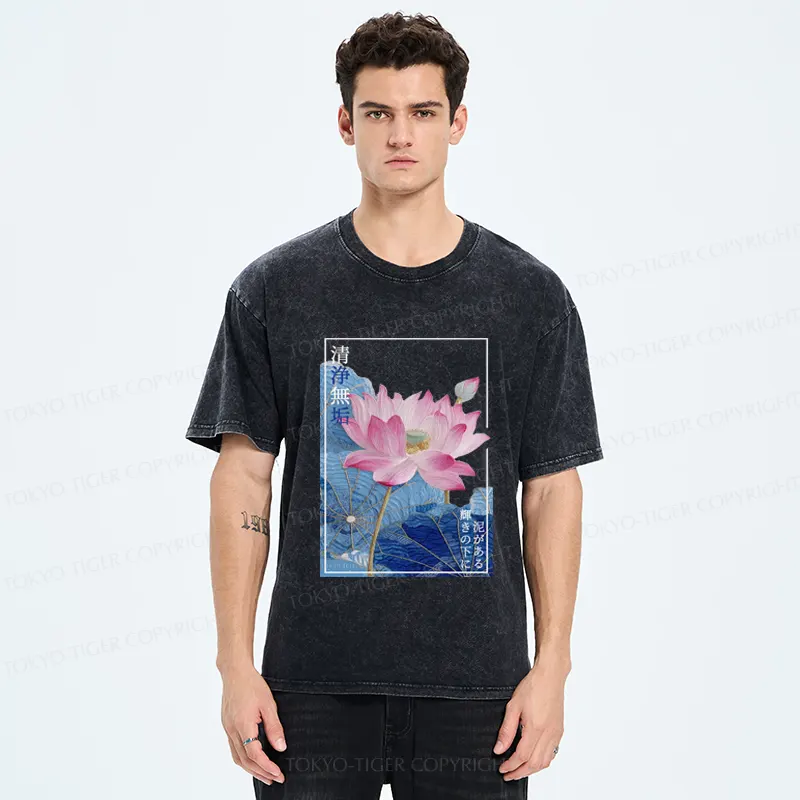Tokyo-Tiger The Elegance of Ukiyo-e Lotus Washed T-Shirt