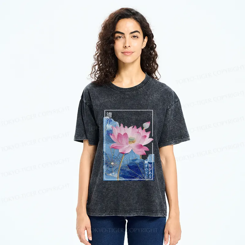 Tokyo-Tiger The Elegance of Ukiyo-e Lotus Washed T-Shirt