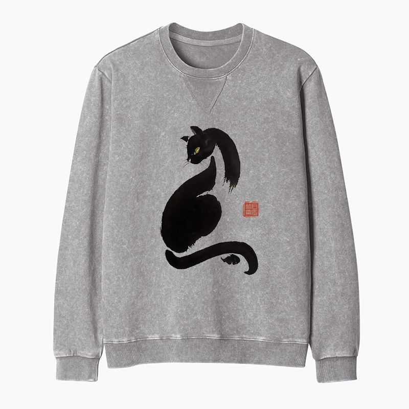 Tokyo-Tiger Elegant Black Cat Japan Washed Terry Sweatshirt