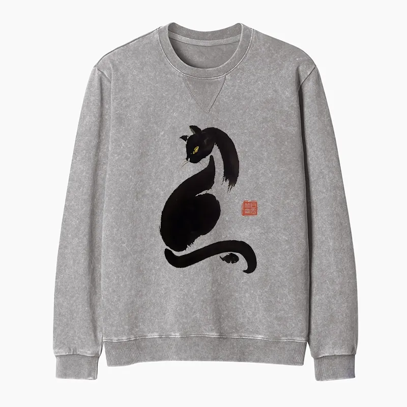 Tokyo-Tiger Elegant Black Cat Japan Washed Terry Sweatshirt