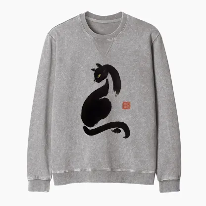 Tokyo-Tiger Elegant Black Cat Japan Washed Terry Sweatshirt