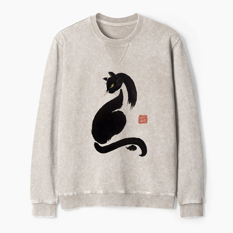 Tokyo-Tiger Elegant Black Cat Japan Washed Terry Sweatshirt