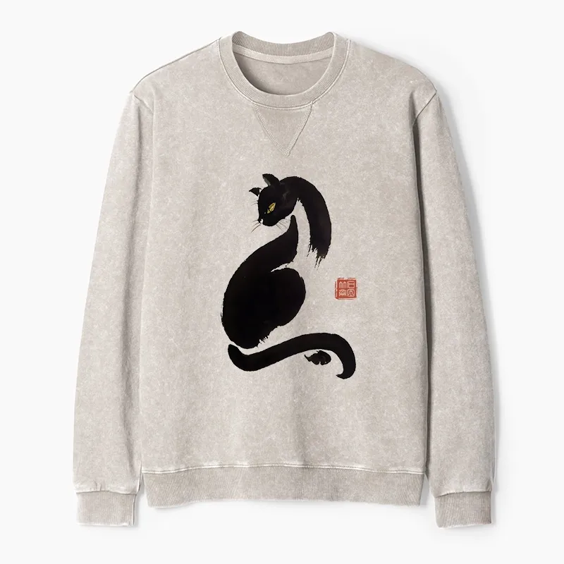 Tokyo-Tiger Elegant Black Cat Japan Washed Terry Sweatshirt