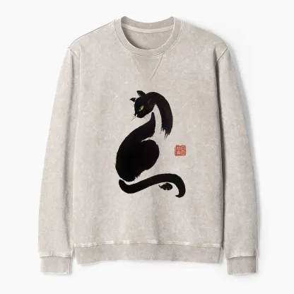 Tokyo-Tiger Elegant Black Cat Japan Washed Terry Sweatshirt