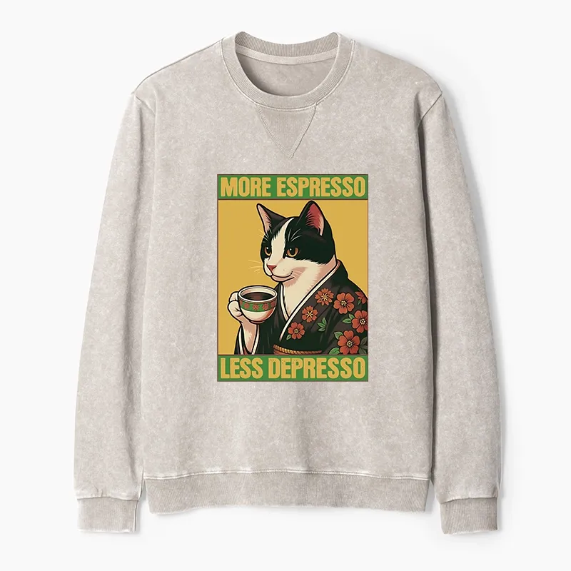 Tokyo-Tiger Tuxedo Cat Drinking Coffee Washed Terry Sweatshirt