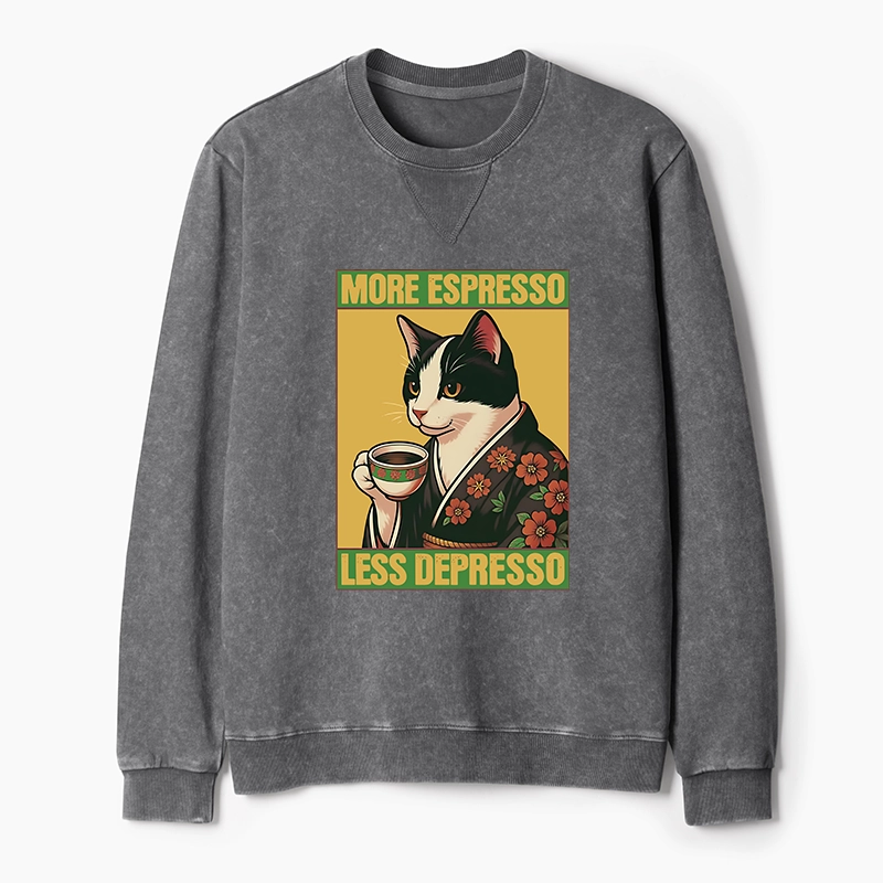 Tokyo-Tiger Tuxedo Cat Drinking Coffee Washed Terry Sweatshirt