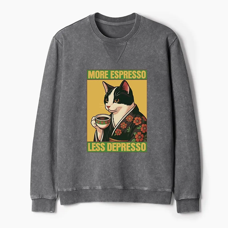 Tokyo-Tiger Tuxedo Cat Drinking Coffee Washed Terry Sweatshirt