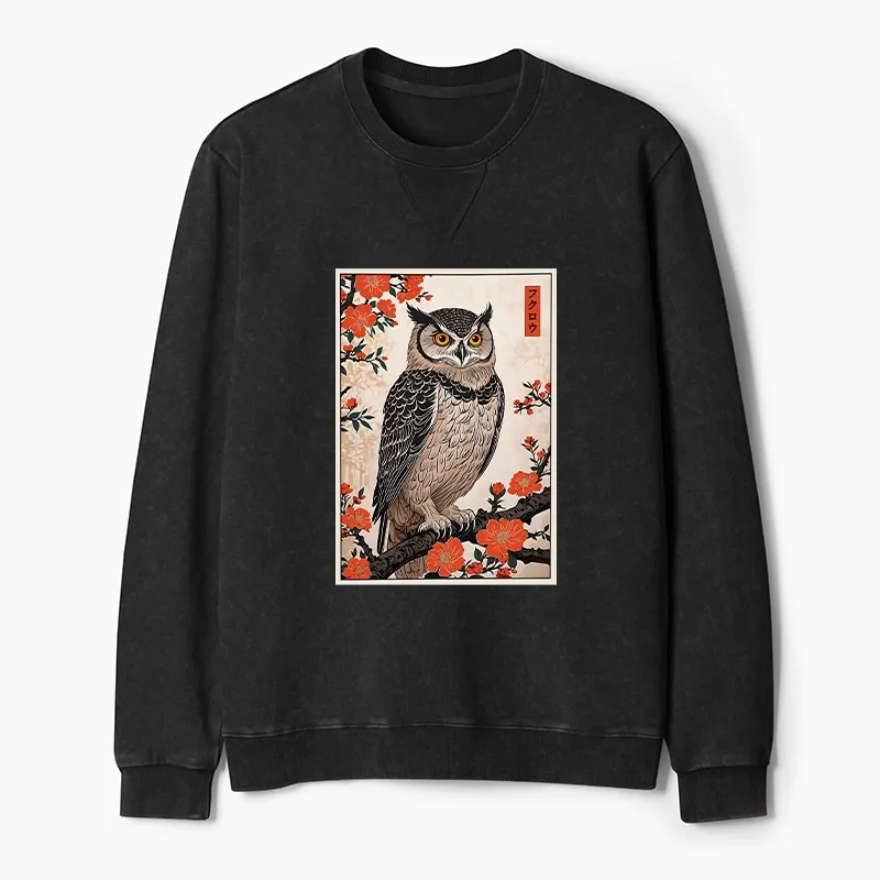Tokyo-Tiger Vintage Japanese Owl Washed Terry Sweatshirt