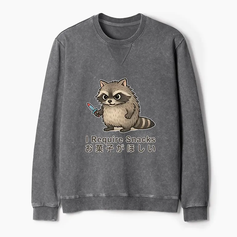 Tokyo-Tiger Raccoons Need Snacks Funny Washed Terry Sweatshirt