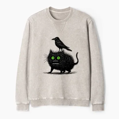 Tokyo-Tiger Crow And Black Cat Washed Terry Sweatshirt