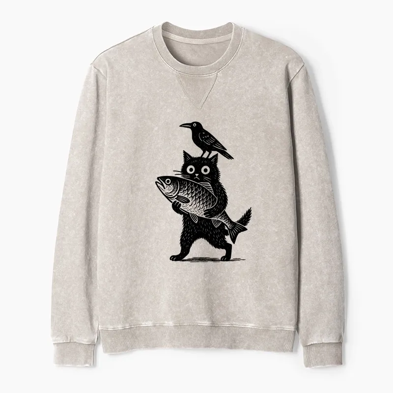 Tokyo-Tiger Black Animals Funny Washed Terry Sweatshirt