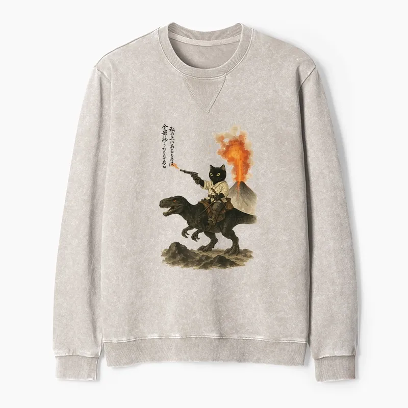 Tokyo-Tiger Cat Riding A Dinosaur Washed Terry Sweatshirt