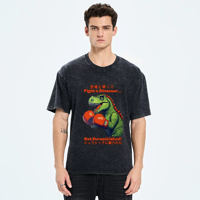Tokyo-Tiger Fighting Dinosaurs Washed T-Shirt