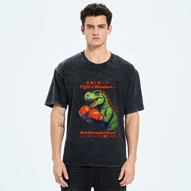 Tokyo-Tiger Fighting Dinosaurs Washed T-Shirt