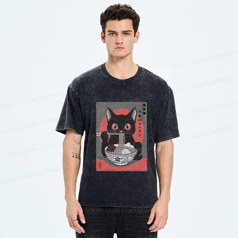 Tokyo-Tiger Black Cat Eating Delicious Ramen Washed T-Shirt