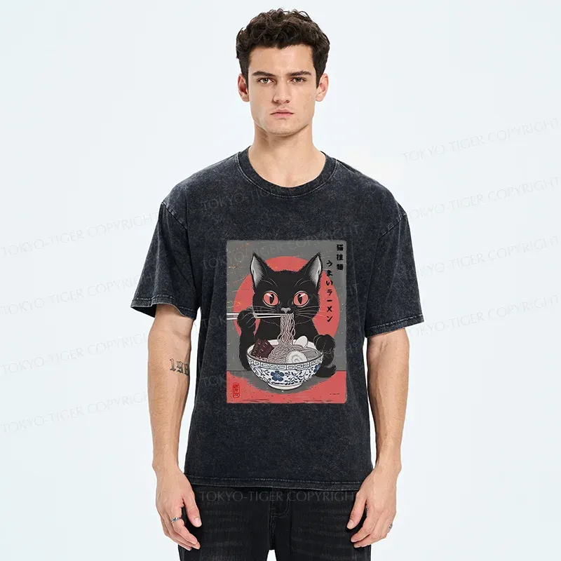 Tokyo-Tiger Black Cat Eating Delicious Ramen Washed T-Shirt