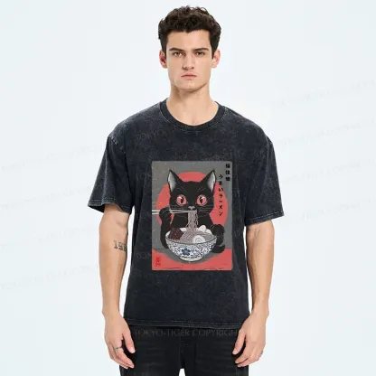 Tokyo-Tiger Black Cat Eating Delicious Ramen Washed T-Shirt