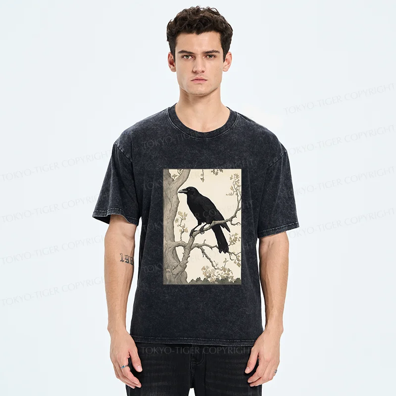 Tokyo-Tiger Ancient Painting Of Crow Washed T-Shirt