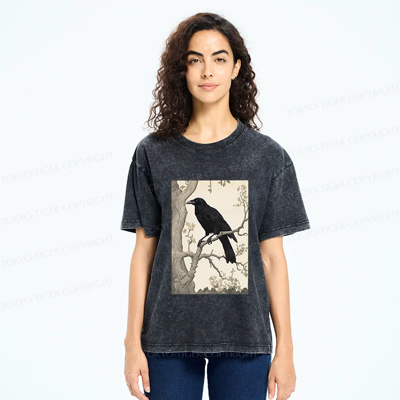 Tokyo-Tiger Ancient Painting Of Crow Washed T-Shirt