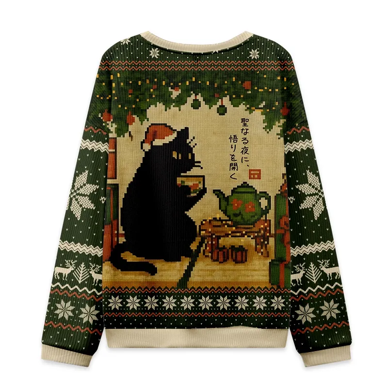 Tokyo-Tiger Cute Cat Drinking Tea Christmas Ugly Sweatshirt
