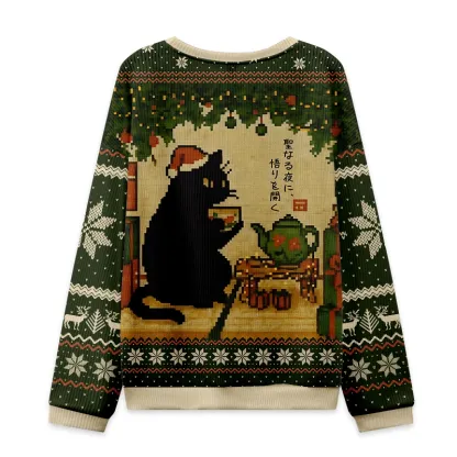 Tokyo-Tiger Cute Cat Drinking Tea Christmas Ugly Sweatshirt